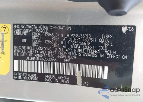 2006 Lexus Rx 400H z USA, uszkodzony, nr VIN JTJHW31U662000566